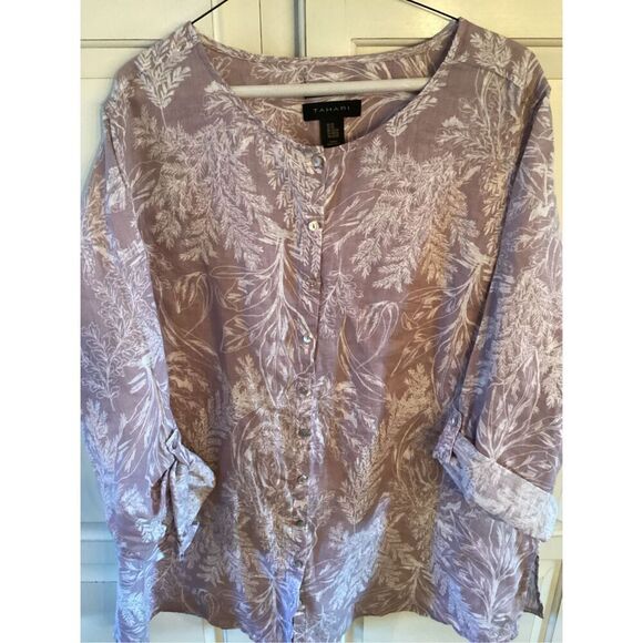 Tahari 100% Linen Button Up Top Tunic Sz 2X Soft Lavender Floral - Picture 1 of 6